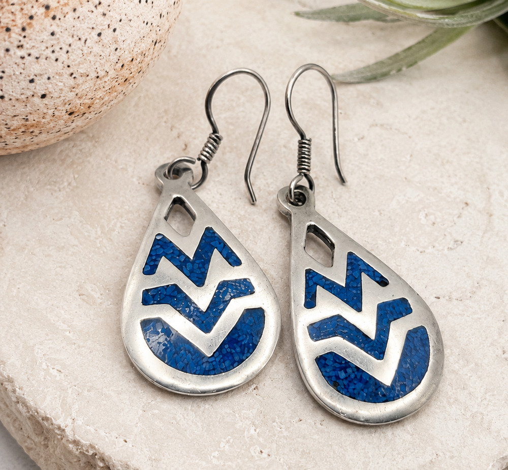 Vintage Taxco TC-235 Sterling Silver Blue Inlay Chevron Dangle Earrings Mexico